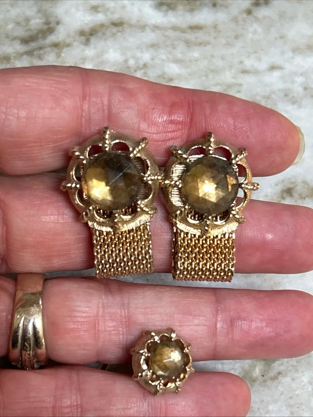 VINTAGE RIVOLI RHINESTONE Amber GOLD TONE MENS CUFF LINKS & Tie Tack Set